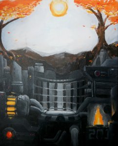 Student Art Show 2018 - Trevor Angevine, Painting II student, "Bad Future", acrylic on canvas, 20" x 16"