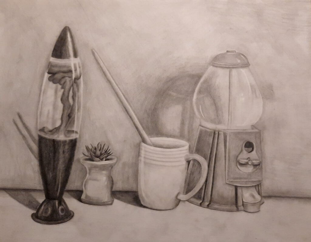 Hope Tracy, "A Pleasant Mess," Charcoal, Drawing I Spring Semester 2021, Instructor Jacob Cullers